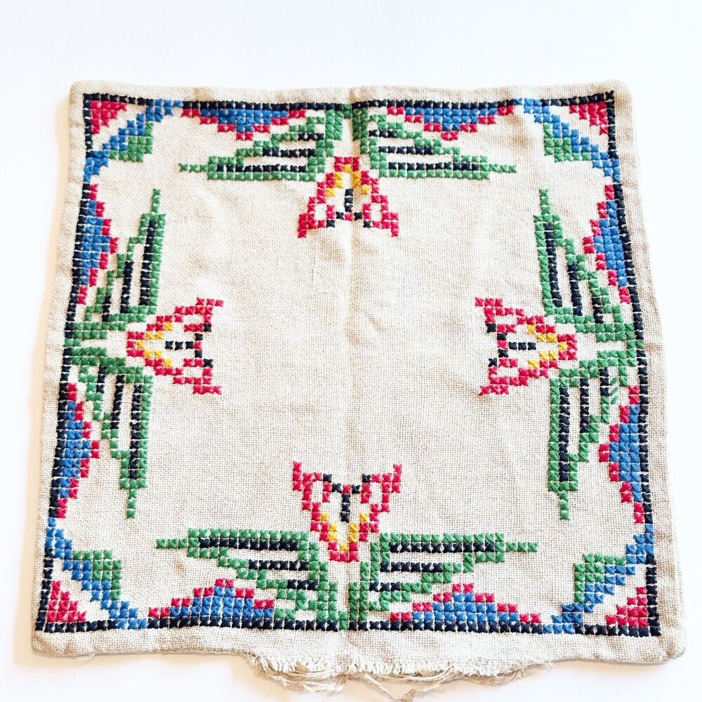 Vtg Hand Sewn Cross Stitch Pillow Cover Burlap Western Contemporary Farmhouse